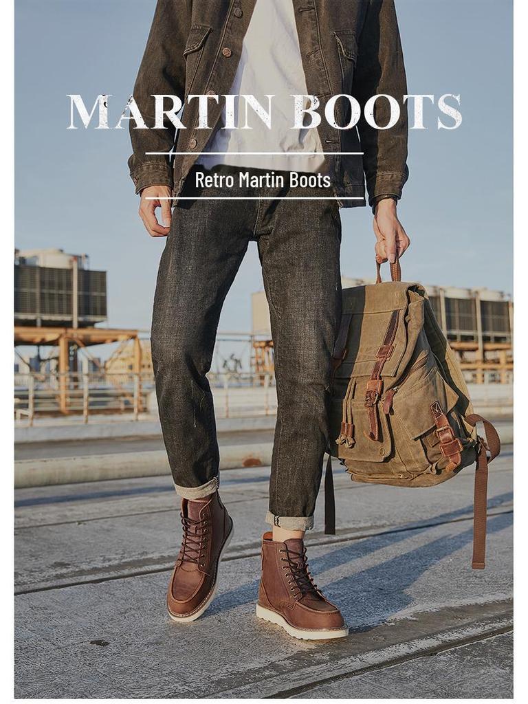 Herren Amerikanische Retro 875 Khaki Leder Martin Stiefel - Britischer Stil Mid-Cut Gelbe Arbeitsstiefel