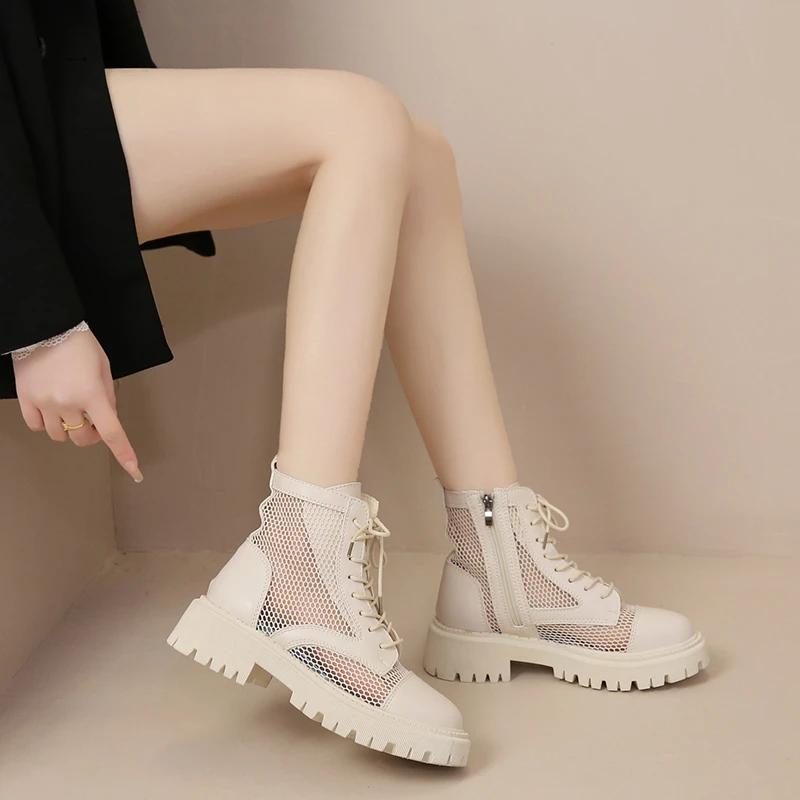 Women's Sandals Summer New Medium Heel Mesh Fabric Side Zipper Cool Boots Fashion Temperament Breathable Single Shoes