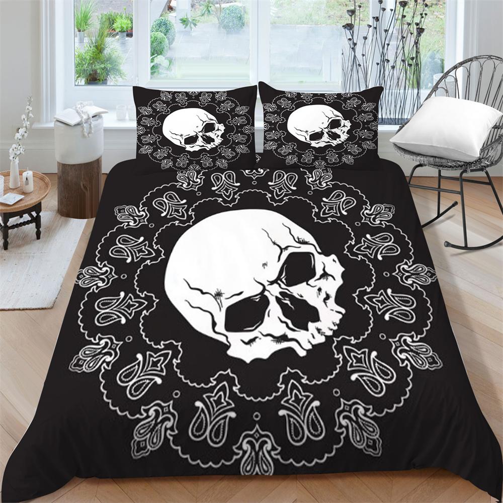 2/3dílná sada ložního prádla Sada prodyšných přikrývek Sada povlaků na přikrývku 3D Skull Design z mikrovlákna Pohodlná přikrývka na postel