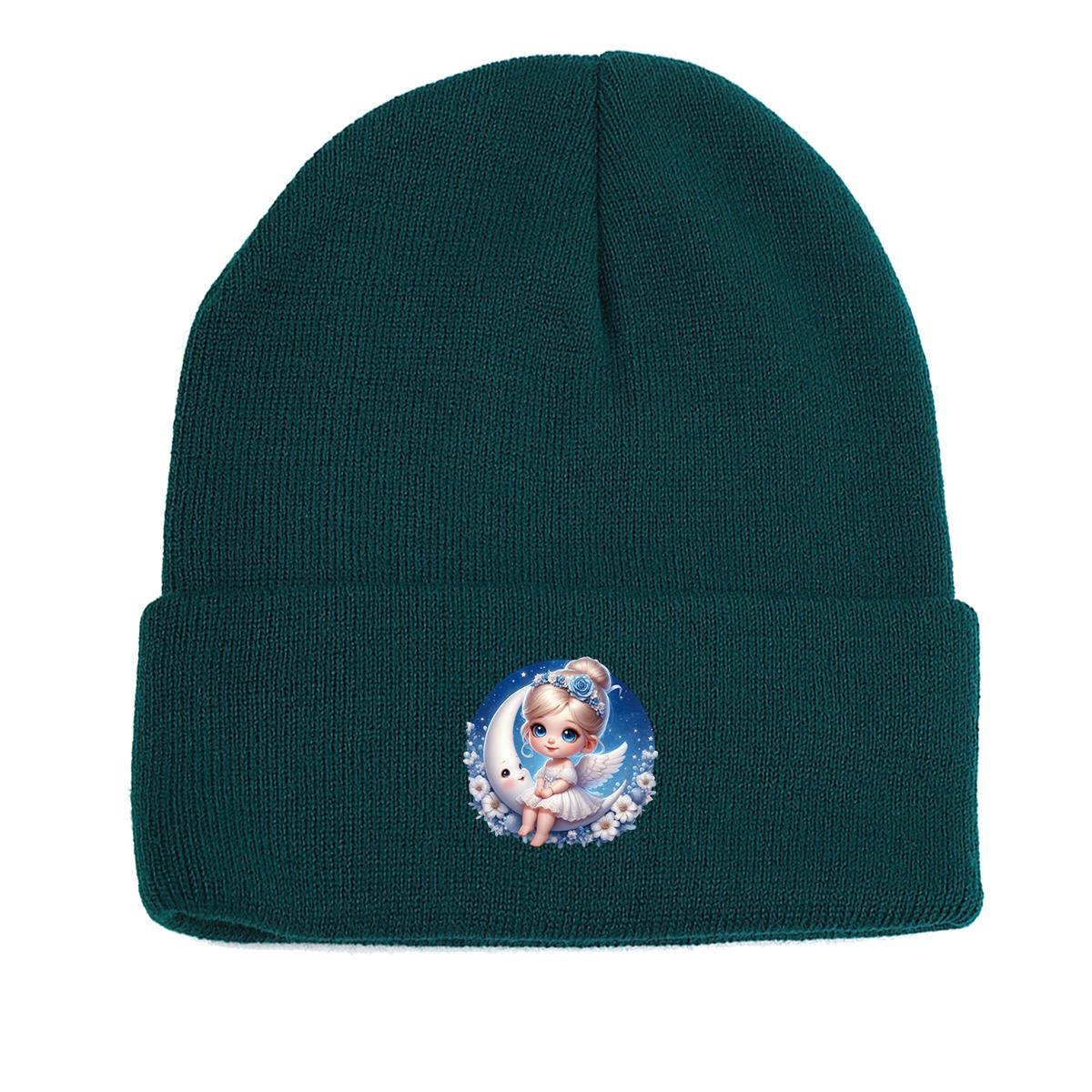 Bending Moon Little Angel Зимняя вязаная шапка Beanie, шапка-череп Уютная теплая модная вязаная шапка Gorro Beanie as the picture зелёный