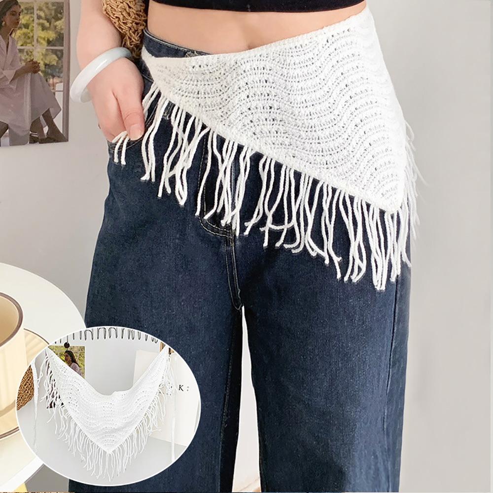 

Ethnic Style Knitted Back Flap Bohemian Tassel Hip Apron Triangular Scarf Tie Straps Women Girls 6-White