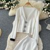 Winter Strickwaren Damen Anzüge Langarm Diamantknöpfe Oberteile+Freizeithosen mit weitem Bein Locker Warme Pullover-Sets