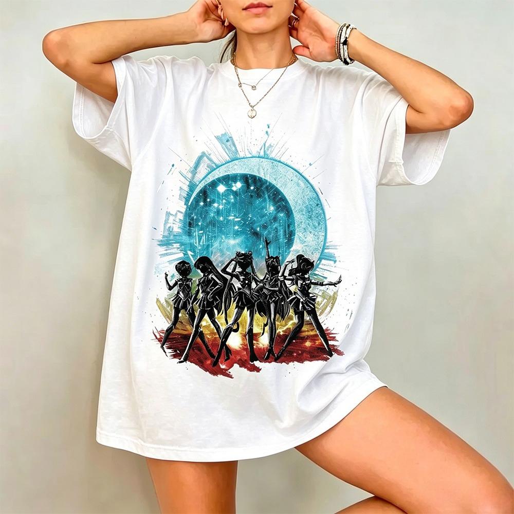 2026new American Retro Cotton Shortsleeved Tshirt With Sailor Moon Print Suitable For Both Unisex And Unisex Casual Street Style