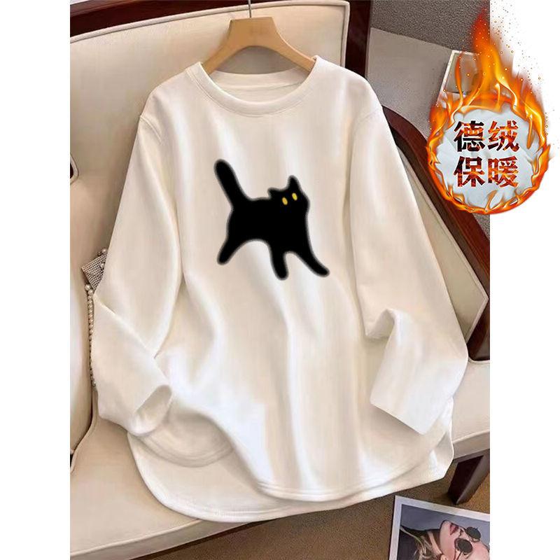 2025 New Thickened Brushed T-shirt Women's Autumn and Winter Loose Mid-length Long-sleeved Tops Bottoming Shirts