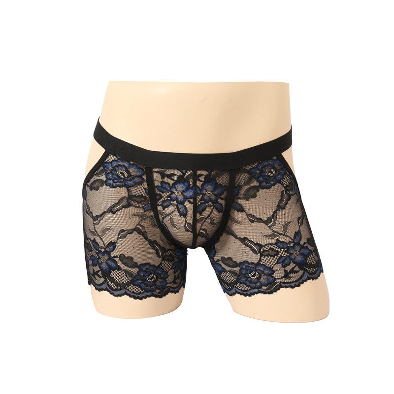 Lencería Sissy para Hombres Gays Sexy Calado Espalda Descubierta Pantalones Cortos de Boxeador Encaje Bordado Transparente Ropa Interior para Crossdresser Braguita Hueca en el Trasero