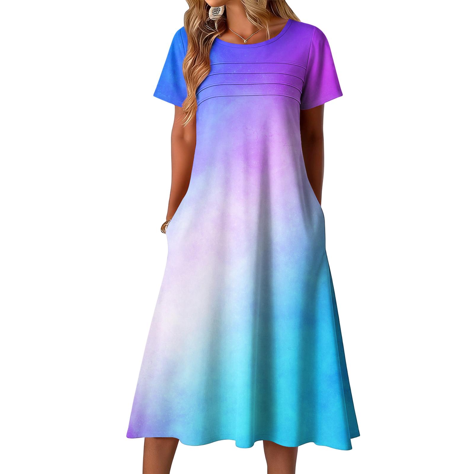 Ladies  printed casual and fashionable short sleeved round neck dress S синий