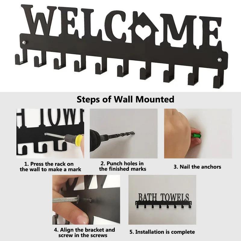 Sladký domov Černý kovový balkónový nástěnný věšák na oblečení Držák na klíče Kuchyňský organizér Koupelnové úložné háčky