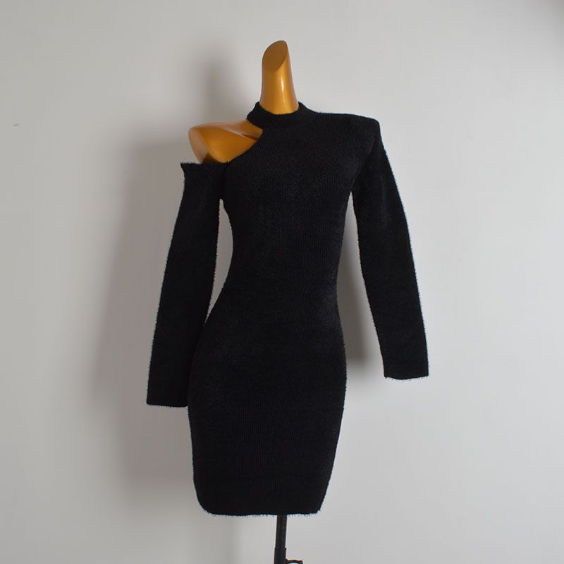 

Fashion Style Sexy Sexy Halter Hollow out Shoulder-Baring Imitation Mink Knitting Dress Female Fall/Winter Slim Bodycon Dress Black One size
