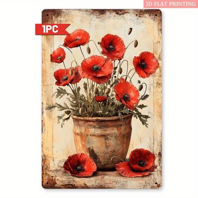Rustikale Mohnblumen Metall-Wanddeko Eisen Vintage Blumenschild mit verwittertem weißem Hintergrund Rot-Orange Mohnblumen Bauernhaus
