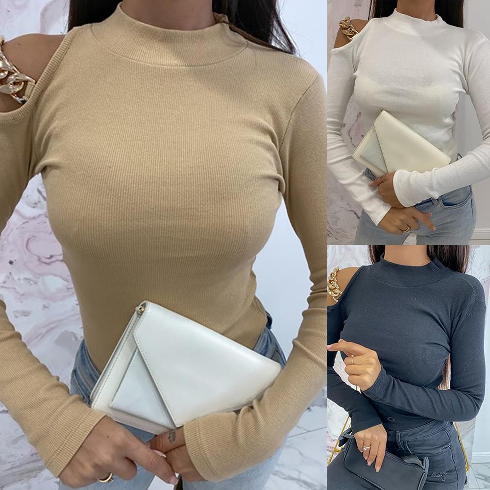 

Женская пуловерная цепочка холодное плечо с круглым вырезом сплошная трикотажная рубашка с длинным рукавом