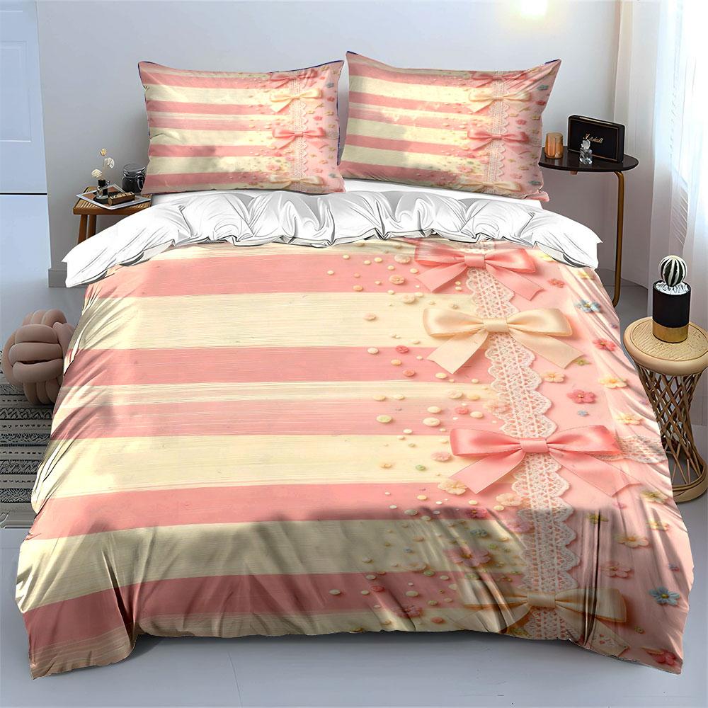 Striped pattern, bows, lace. Bedding sets Duvet cover sets Duvet covers Pillowcases(1 * Duvet Cover 2 * Pillowcases without duvet insert)