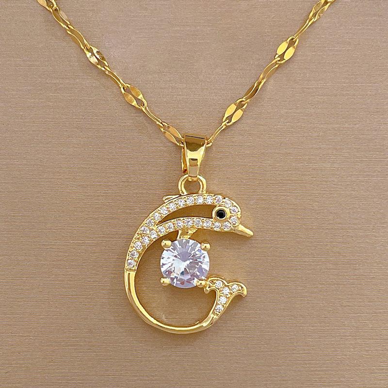 Light Luxury Temperament Gorgeous Full Diamond Dolphin Necklace Female Versatile Collarbone Chain Titanium Steel Chain