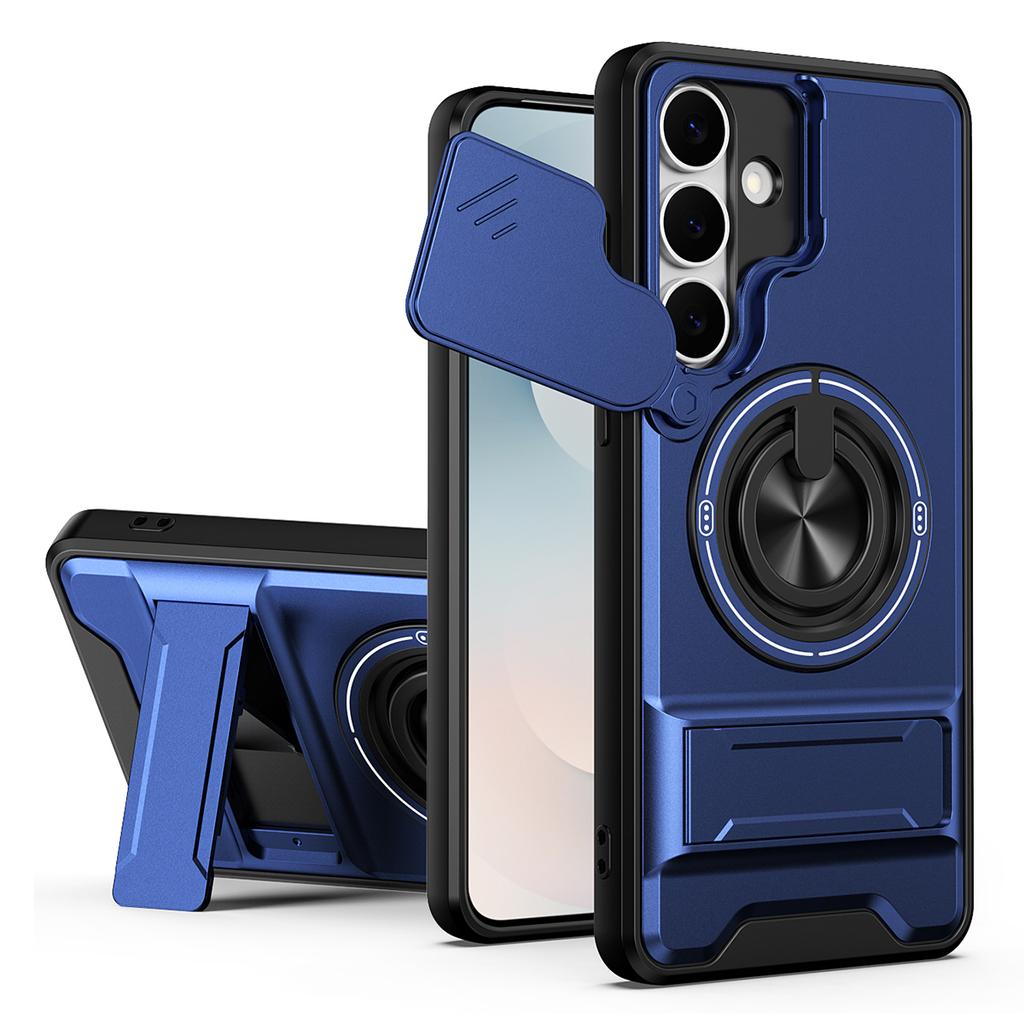 For Samsung Galaxy S25 FE Magnetic Case Ring Holder Foldable Kickstand TPU PC Phone Cover with Camera Lens Slider