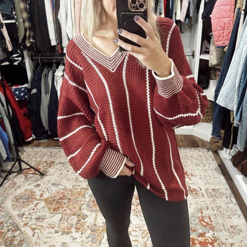 New Autumn and Winter Knitted Sweater Women's Top V-neck Contrasting Color Striped Pullover Loose Sweater Women