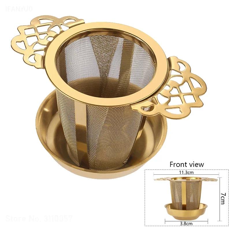 Double-layer Lace Tea Strainer Set with Tray Stainless Steel Filter Mesh Sieve Tea Drain Useful Infusers Kitchen Tools Teaware