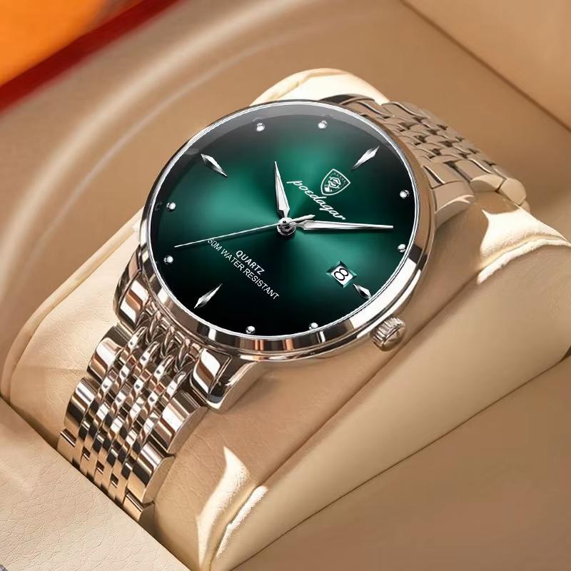 

POEDAGAR Business quartz men s watch stainless steel waterproof night light date watch luxury casual simple watch рожевий колір золота/зелений