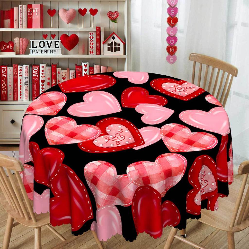 Red Heart Round Tablecloth, Valentine'S Day Love Design Black Background Table Cloth, Waterproof Party Decorative Cover Cloth