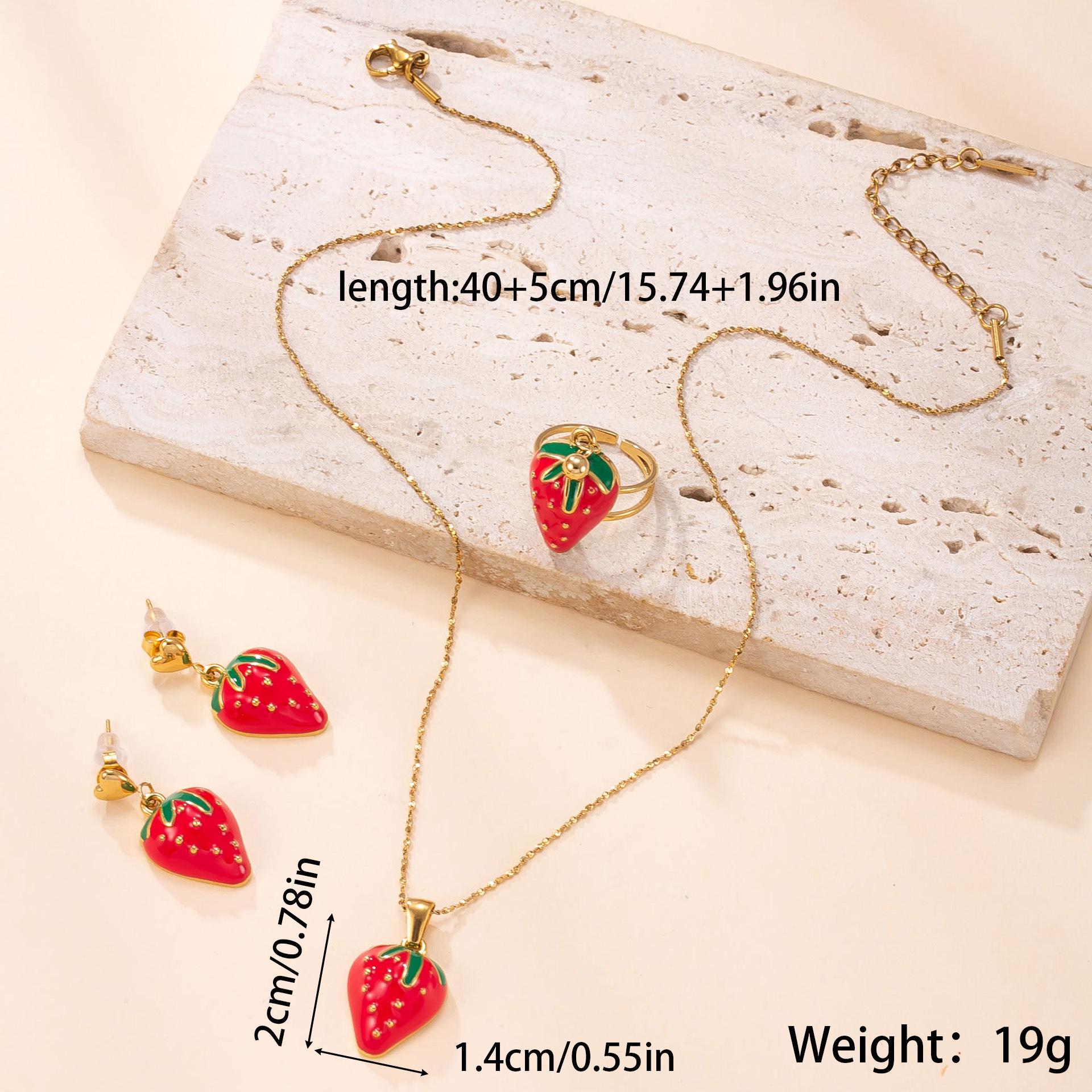 Ожерелье из нержавеющей стали, серьги-гвоздики в виде клубники и вишни, свежие, кольцо из титановой стали
