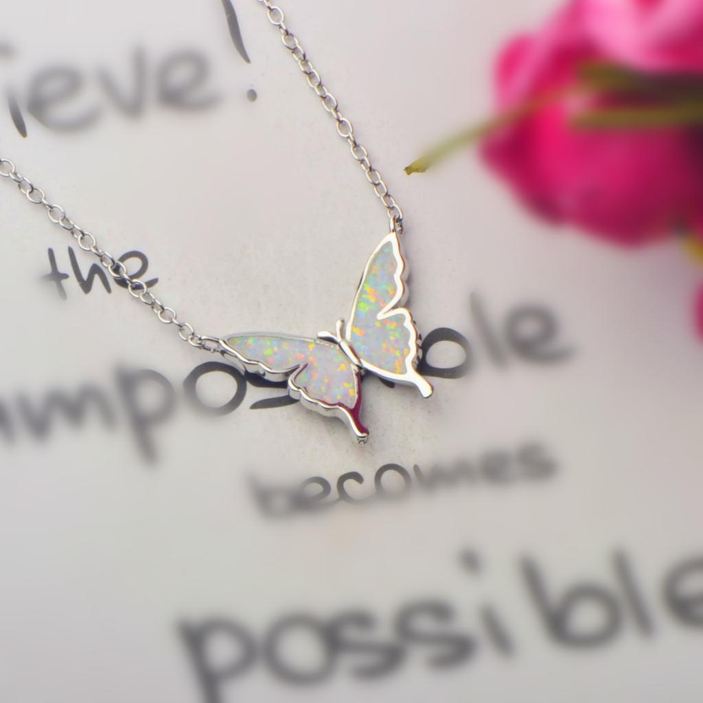 Iridescent Opal Butterfly Pendant Necklace with Silver Sweater Chain