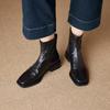 Women's Boots  New Leather Boots Square Head Short Boot Women's Autumn and Winter Retro Pleated Rear Zipper Thin Boot Women