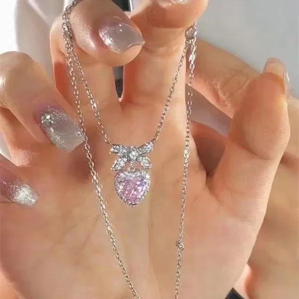 Cute Sweet Pink Bow Necklace Ladies Fashion Sparkling Rhinestone Heart Shape Pendant Clavicle Chain Delicate Wedding Accesories