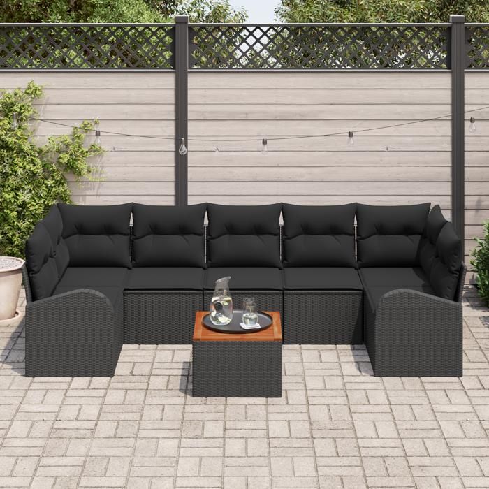 VidaXL Ensemble de canapé de jardin 8 pièces avec coussins noir poly rattan acacia 3347548