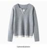 Women's Loose V-Neck Spliced Cashmere Sweater with Contrasting Colors