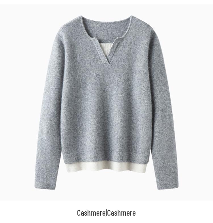 Women's Loose V-Neck Spliced Cashmere Sweater with Contrasting Colors