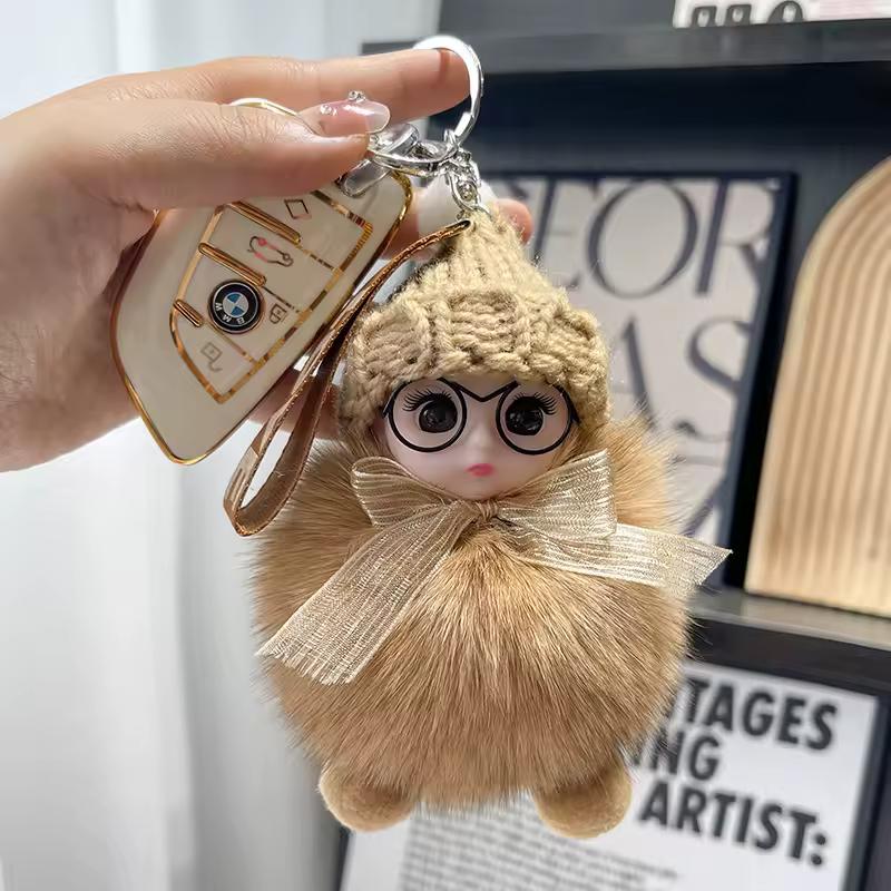 Cute Big Eyed Doll Pompom Keychain Fur Bag Pendant for Women Keyring  Accessories