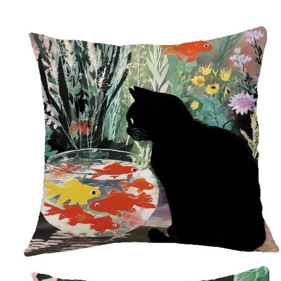 1/4pcs 45x45cm Cute Black Cat Fish Bowl Oil Painting Style Throw Pillow Covers Cushion cover