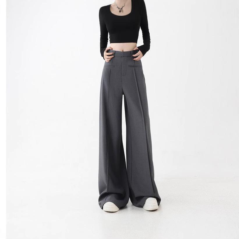 2025 High Waist Slim Straight Women's Floor-Length Drape Pants - Spring & Autumn Wide-Leg Suit Style.