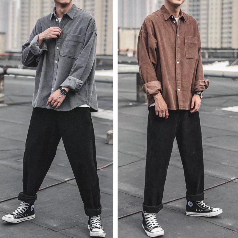 Men's Japanese Style Corduroy Long-Sleeve Shirt - Versatile Solid Color Casual Jacket