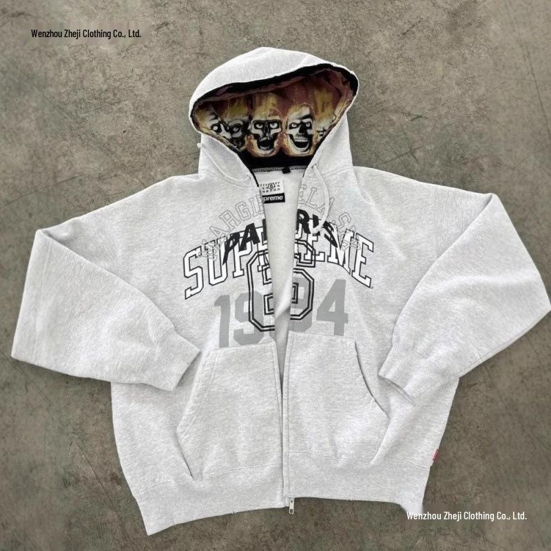 Boys' National Tide Cardigan Hoodie with 2024 Print in Light Gray