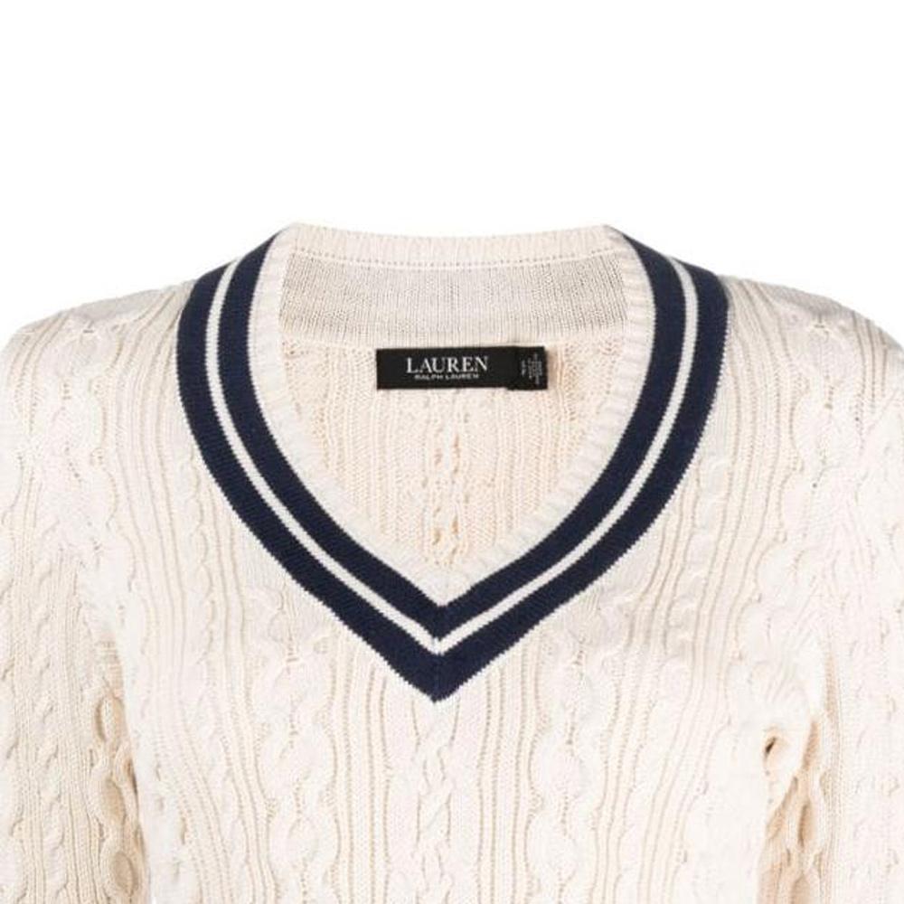 Svetr Polo Ralph Lauren SS23 Color Block Pletený copánkový pulovr s výstřihem do V Dámský svetr Off-White 200902626-001