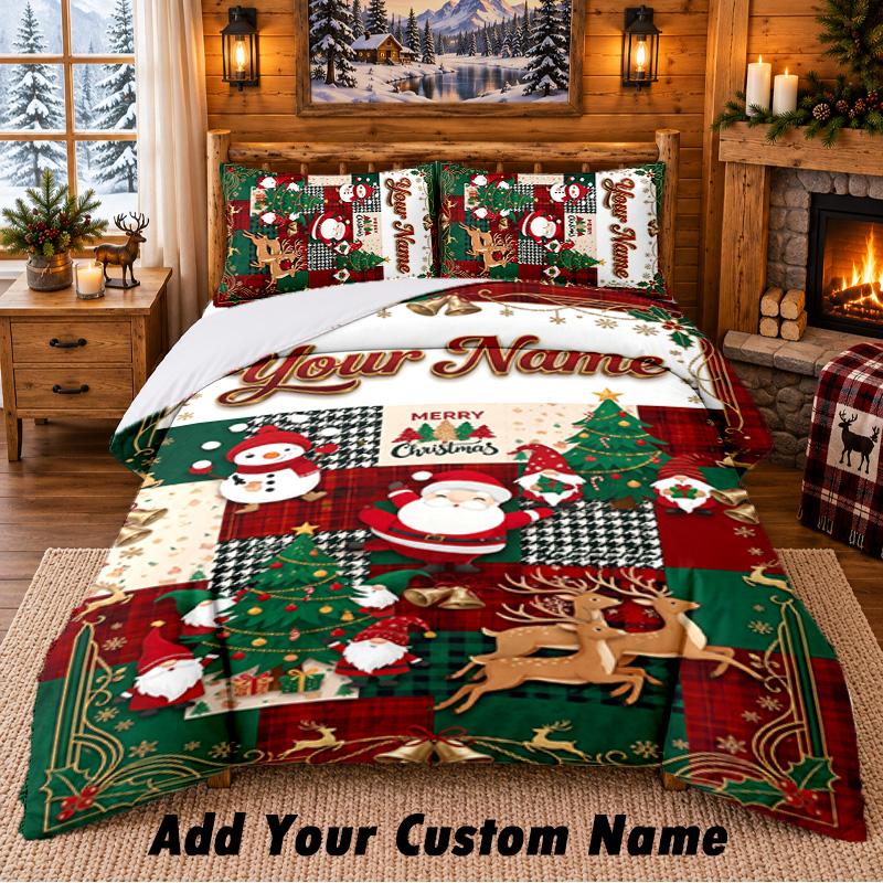 Christmas Custom Name Pattern Bedding 3Pcs Set Bed Sheet Pillowcases Indoor Bedroom Holiday Gift