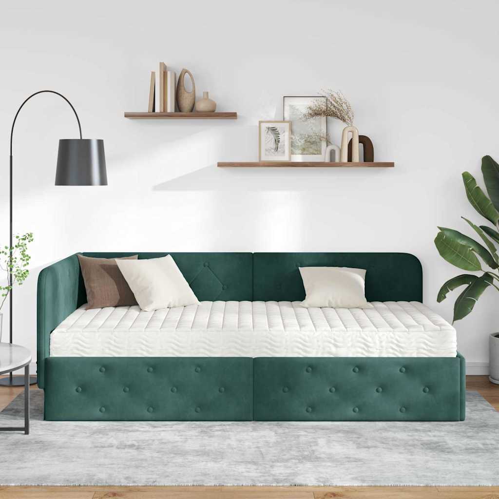 Corner Bed Frame Dark Green 90 x 190 cm Velvet