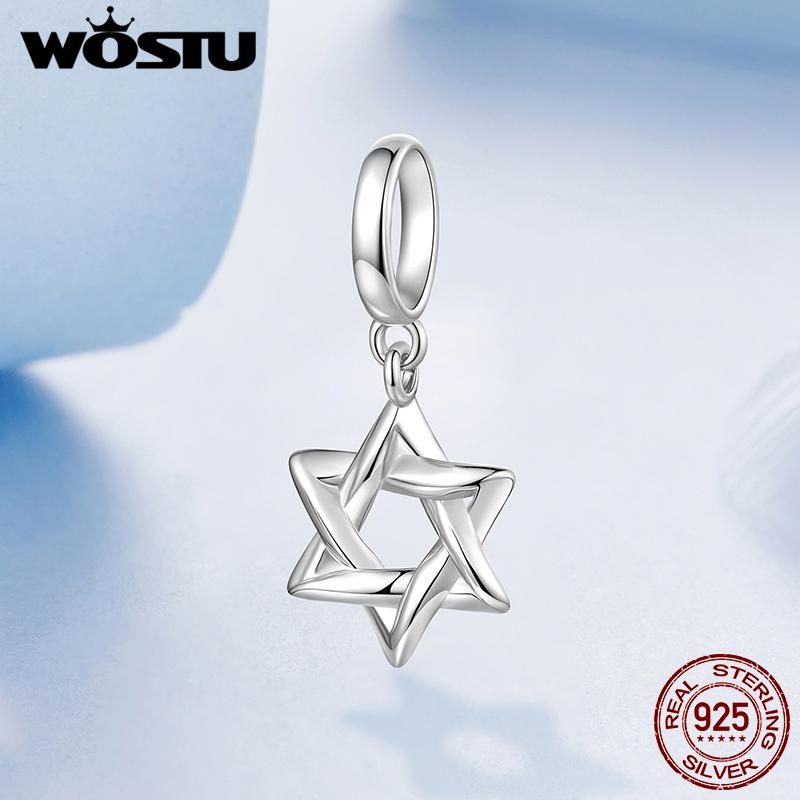 WOSTU 925 Silver Star Clip Beads Silicone Stopper Zircon Charm Hexagram Pendant Fir Original Bracelet Neckalce DIY Birthday Gift