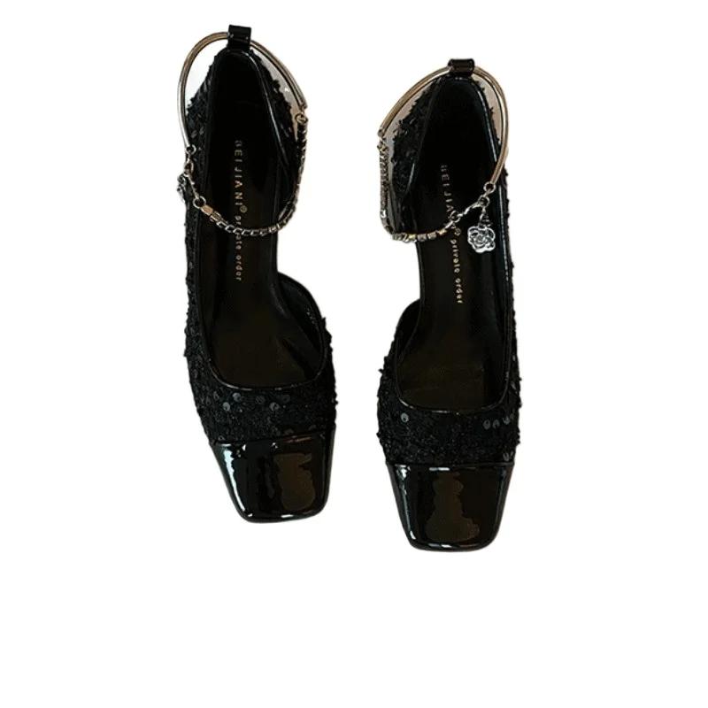 2025 Brand Ladies Shoes Shallow Women's High Heels Bling Square Toe Dress Pumps Women Best Seller The Chain Mary Janes