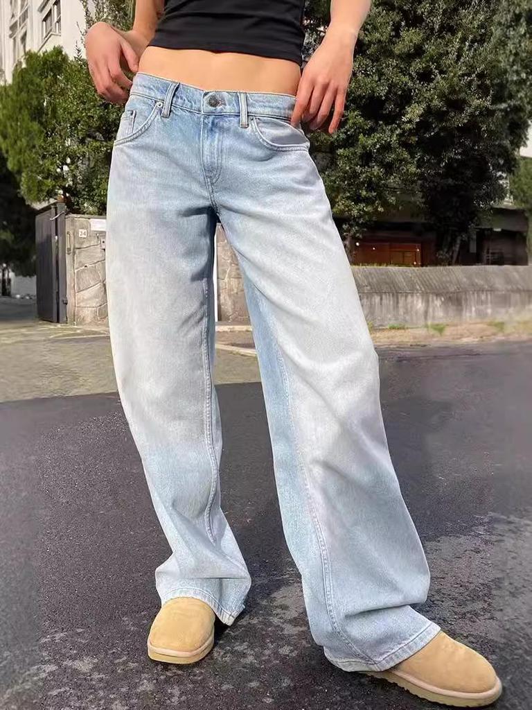 Retro Jeansy z Wysokim Stanem, Spierane, Szerokie Nogawki