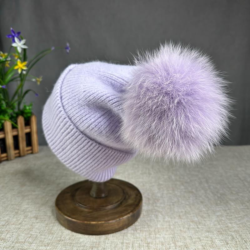 

Шапка с помпоном из натурального лисьего меха, теплая одинарная вязаная шапка, осенне-зимняя шапка из кроличьего волоса, универсальные шапки для женщин 54-60