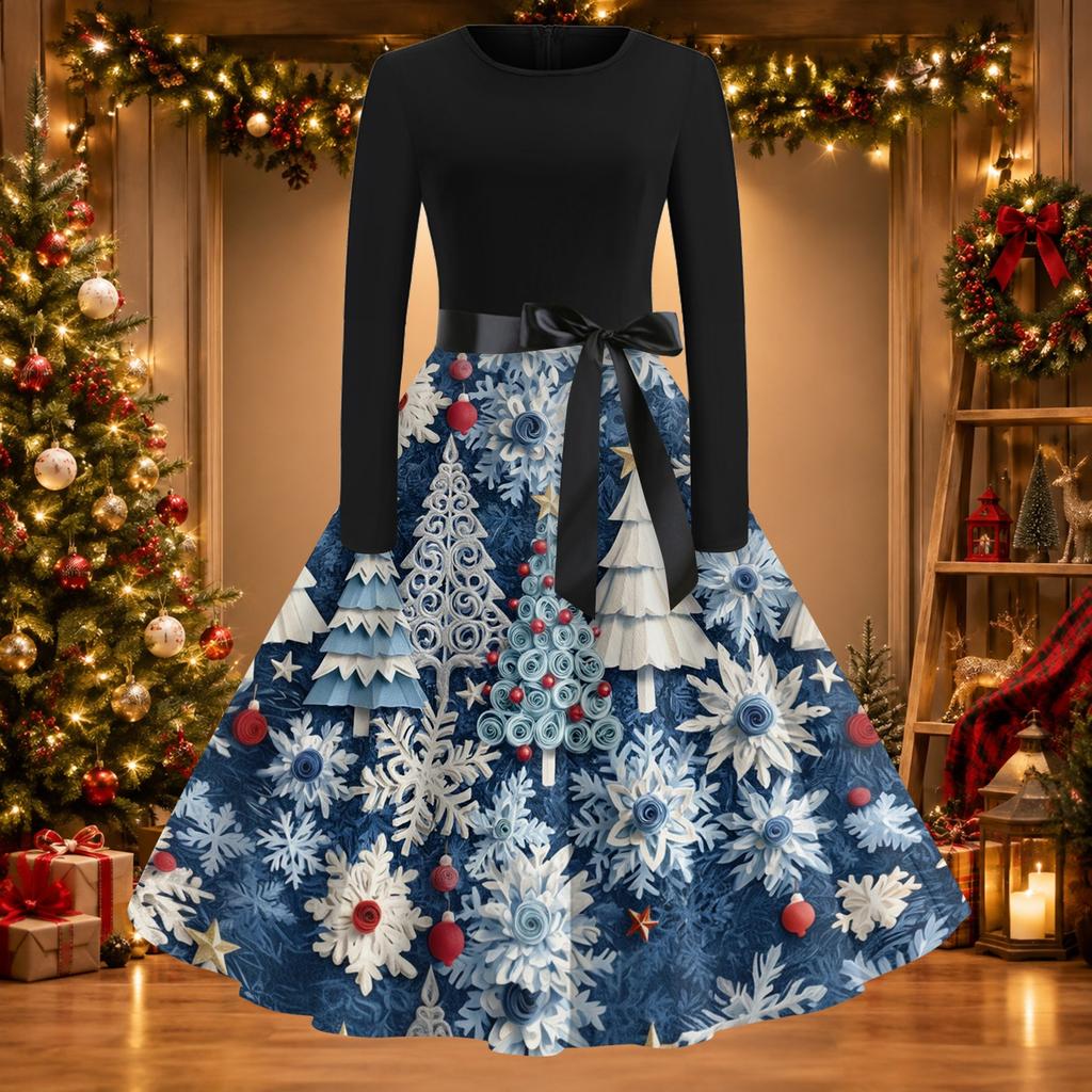 Women's Casual Fashion Christmas Print Round Neck Vintage Dress for Holiday Parties