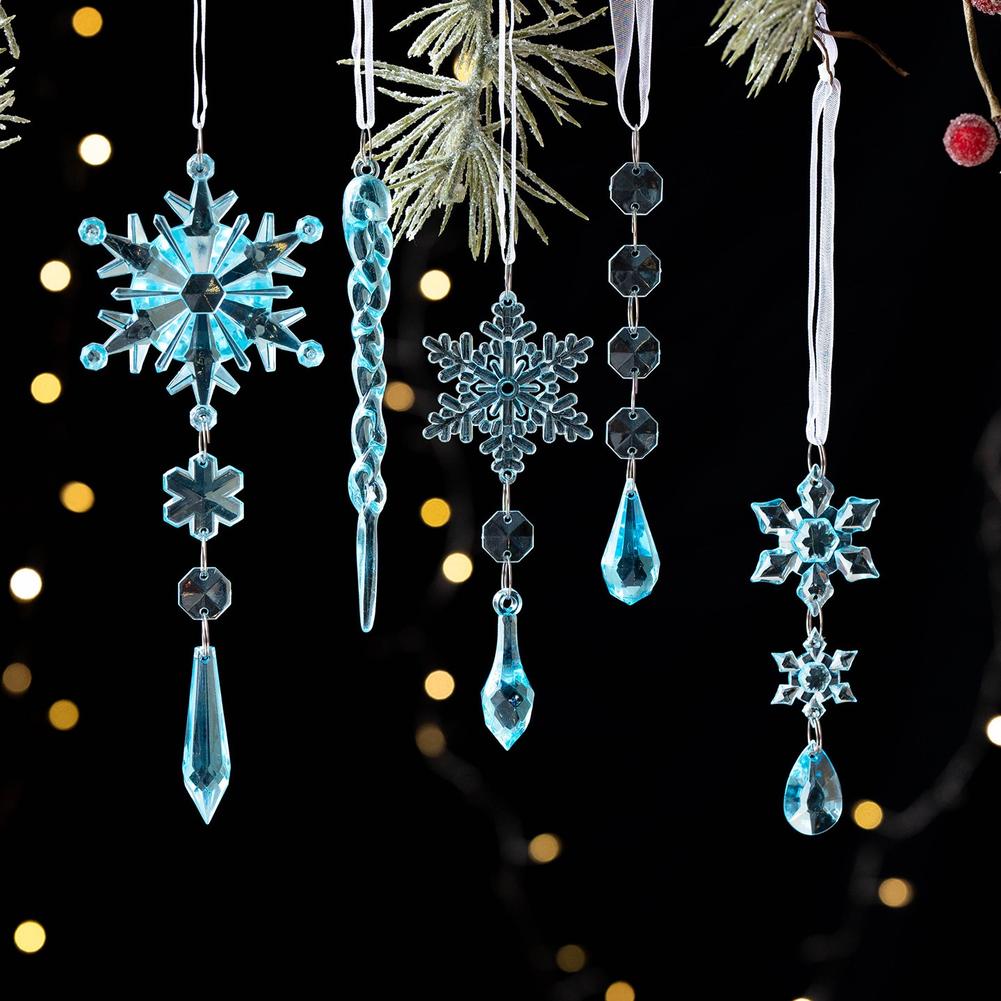 Transparent Acrylic Snowflake Hanging Ornaments Set Five Pieces for Christmas Tree Window and Seasonal Decoration