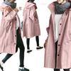 Women Windbreaker Hooded Button-down Loose Pure Color Coat Long Sleeves Knee Length with Pockets Tight Waist Windproof Lady Jacket