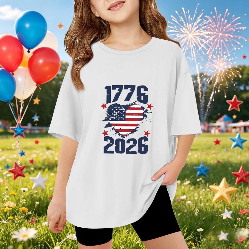 Kids Short Sleeve T Shirt Independence Day Print Top 1776 2026 Casual Fit Comfortable Cotton Blend Tee for Boys Girls