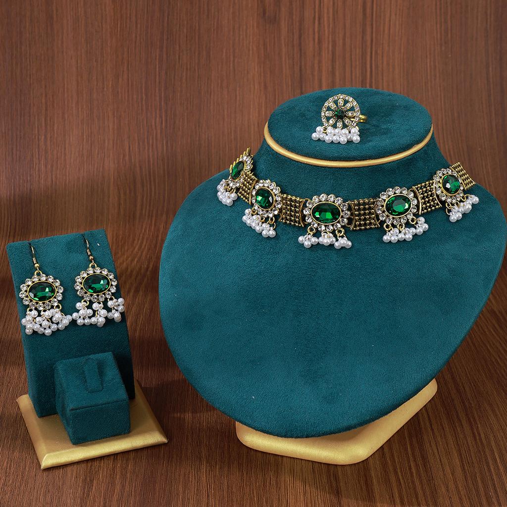 Bohemian Style Diamond-Set Colored Diamond-Set Fringed Necklace, Retro Court Style Earrings, Rings, Jewelry Set, Women