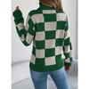 GMXIA Autumn and Winter Casual High-neck Contrasting Color Checkered Lantern Long-sleeved Sweater Women's Wear