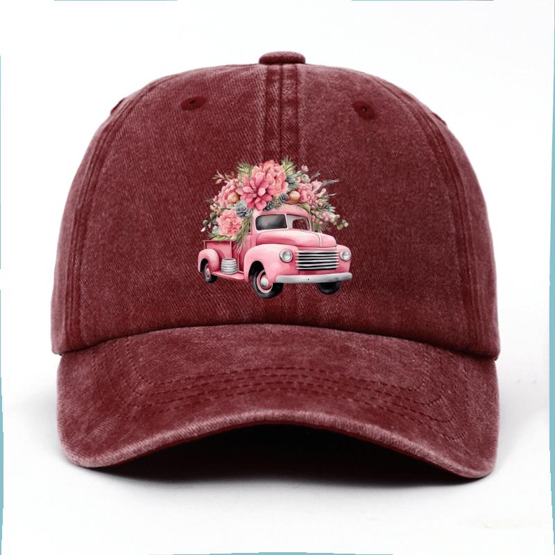 Pink Flower Truck Print Cotton Baseball Cap Vintage Casual Adjustable Unisex Summer Hat