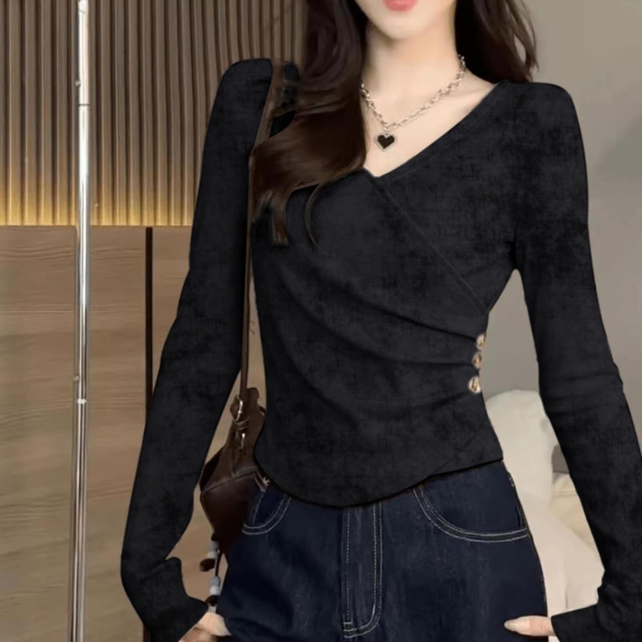 Women s Plus Size Tie-Dye V-Neck Long-Sleeve Button Base Top 2XL чёрный