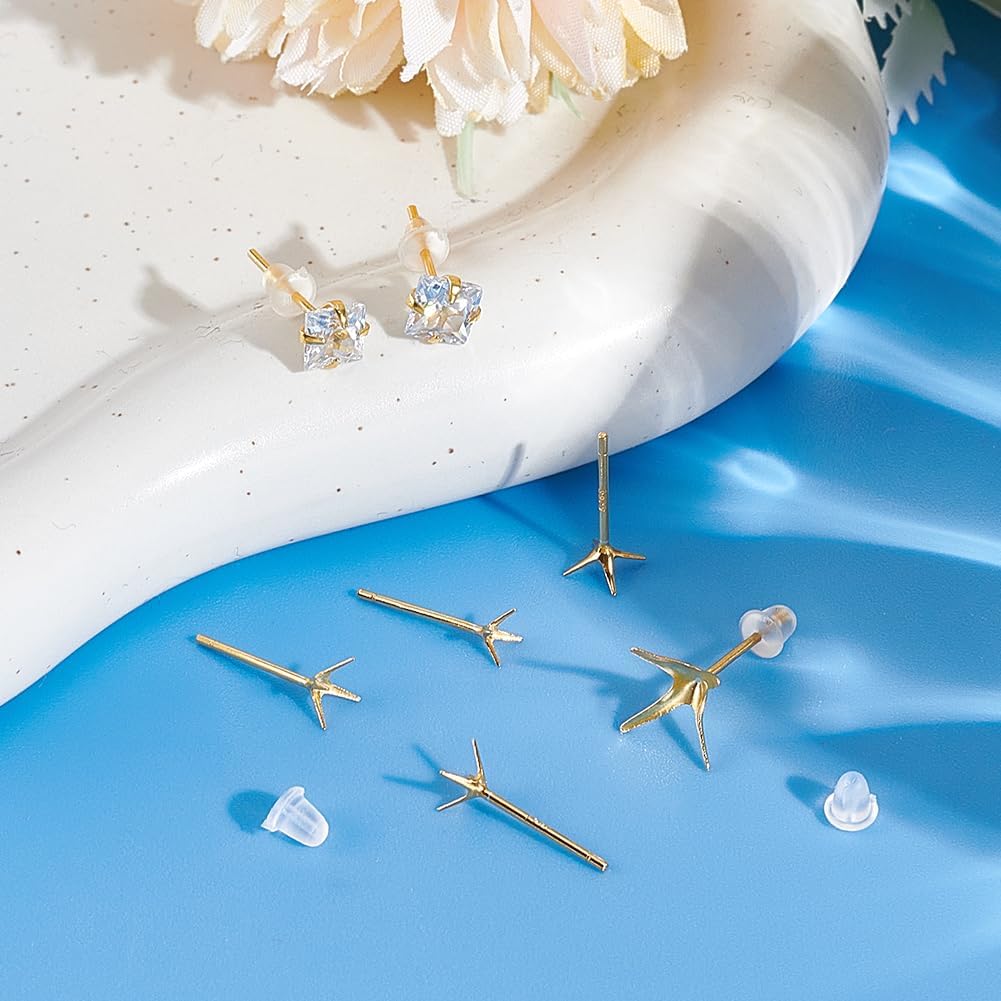 UNICRAFTALE 10Pcs 925 Sterling Silver Prong Earring Settings 5 Sizes Golden Stud Earring Findings Metal Claw Earring Posts Beads Rhinestone Component