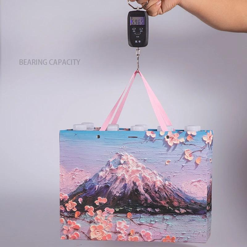 Snow Mountain Cherry Blossom Gift Bag, Exquisite Cosmetics Handbag, Bow Packaging Shopping Bag